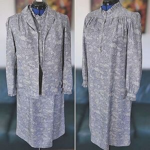 Vtg 60s blue & pale grey floral print dress & blazer co ord set